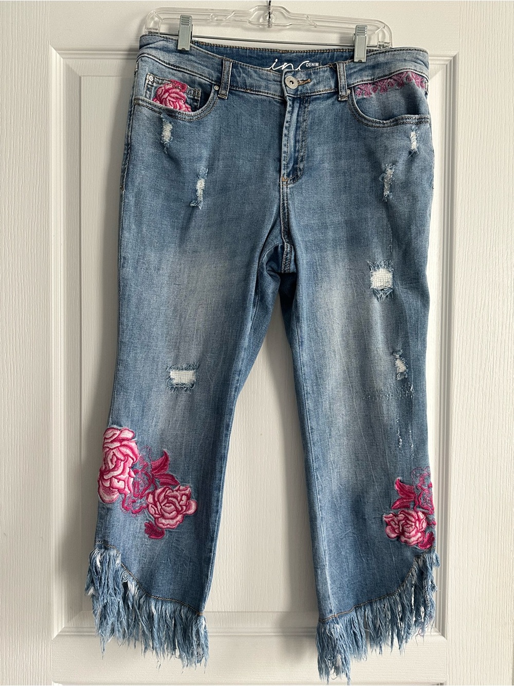 INC Fringe Hem Embroidered Cropped Jeans